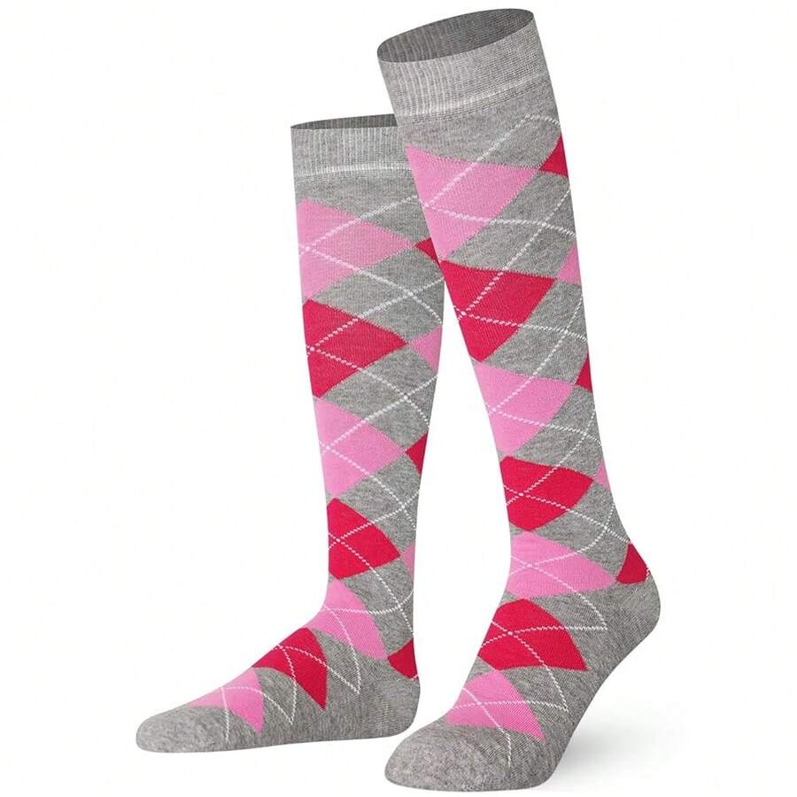Mysocks Unisex Knee High Long Socks Argyle,4-7,AshFuchsiaPink - 灰紫紅色 - 查看 1