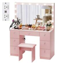 VOWNER 44" Modern Vanity Desk With Lighted Mirror, Makeup Vanity Table With Power Outlet, Glass Top, 14 Bulbs Mirror 3 Color & Brightness Adjustable, 7 Drawers For Storage, Bedroom Vanity Set For Girls Women, Gifts For Christmas - 美規B型插(110-127V) - 查看 11