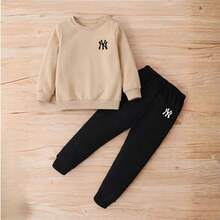 NY Unisex Children's Fleece Set With Side Detail, Warm Flannel Top And Pants, Winter Fashion For Kids - 卡其色 - 查看 1
