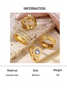 4/5枚时尚优雅不锈钢戒指，18K镀金镶嵌水钻，圆形和方形款式，适合女性日常佩戴、约会、派对、婚礼、订婚、节日及送礼。 - 金 - 查看 23