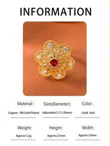 1pc Luxurious And Elegant Flower Openwork Design Ring For Women, Vintage And Noble Ring With Cubic Zirconia.Featuring An 18k Gold-Plated Adjustable Band. Perfect For Wedding, Parties, Banquets, Holiday Celebrations, Gift Giving And Other Special Occasions. - Luxurious - View 13