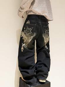 1pc Justice Brother Casual Personalized Multi-Color Embroidered Niche Design Men's Black Denim Jeans, Fashionable Wide-Leg Pants, Comfortable Loose Trousers (Belt And Accessories Not Included) - 黑色 - 查看 1