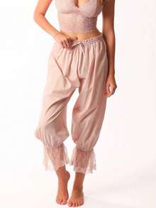 Women Cropped Lace Flare Capri Pants Long Bloomers Flare Lace Trim Ruffle Pantaloons Vintage Capri Pant Bloomer - 粉色 - 查看 1