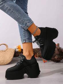 Damen Schwarze neue Mode Quadratische Zehenkappe Gestrickte atmungsaktive Stoff Slip-On Plateau Keilsandalen mit buntem Schal Bindedekor, Einfach & Elegant, geeignet für Frühling, Sommer, Herbst, Lässig, Urlaub, Straßenmode - Schwarzer Schnürer - Übersicht 3