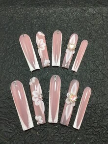 10 Piece 5.5cm Handmade Coffin Shaped Armor, Decorated With Petals And Rhinestones, Suitable For Women And Girls, Gatherings, Festivals, And Daily Wear As A Nail Sticker Set. Nail Accessories, Acrylic Nail Kit, Including Kit, Hand Pressed Nail Art, Fake Nail Stickers, And Nail Supplies. - 彩色 - 查看 1