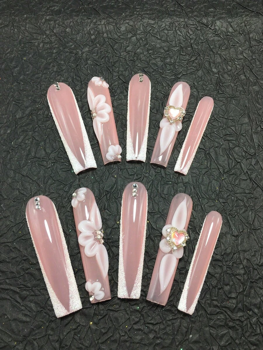 10 Piece 5.5cm Handmade Coffin Shaped Armor, Decorated With Petals And Rhinestones, Suitable For Women And Girls, Gatherings, Festivals, And Daily Wear As A Nail Sticker Set. Nail Accessories, Acrylic Nail Kit, Including Kit, Hand Pressed Nail Art, Fake Nail Stickers, And Nail Supplies. - 彩色 - 查看 1