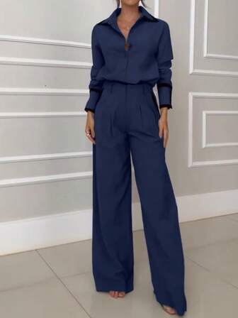 Women's Elegant Loose Drop Shoulder Shirt + Straight Leg Pants Set, Long Sleeve Contrast Color Shirt & Mid-Rise Pants Two Pieces Outfit, Casual & Chic