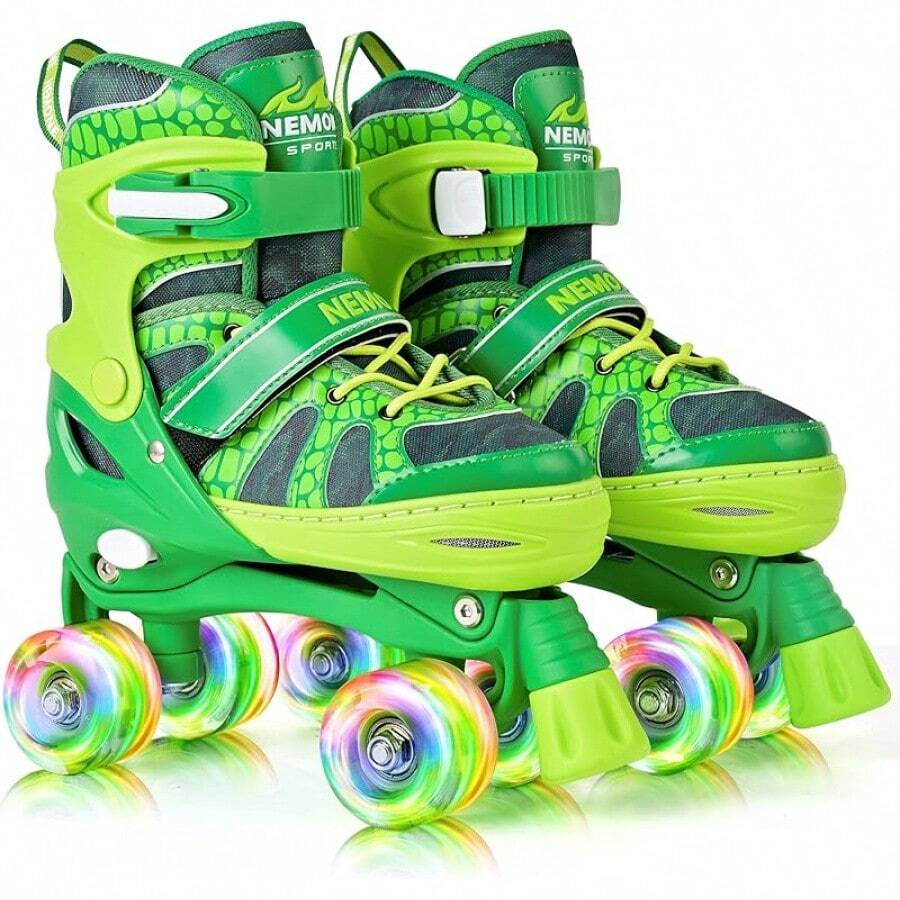 NewNEMONE Mermaid 4 Size Adjustable Light Up Roller Skates For Girls, Purple Blue Skates For Toddlers, Beginner Kids Butterfly Roller Skates Indoor OutdoorSeasonal Gifts - H-恐龍-綠色 - 查看 1