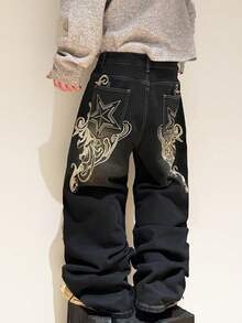 1pc Justice Brother Casual Personalized Multi-Color Embroidered Niche Design Men's Black Denim Jeans, Fashionable Wide-Leg Pants, Comfortable Loose Trousers (Belt And Accessories Not Included) - 黑色 - 查看 8