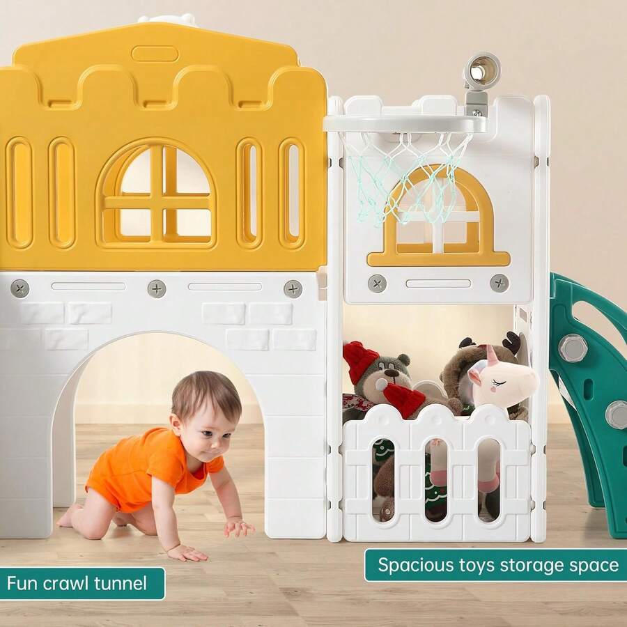 Tobogán infantil 8 en 1 para niños de 1 a 3 años, juego para bebés en interiores y exteriores con trepador, túnel para gatear, aro de baloncesto, telescopio y almacenamiento de juguetes. - Naranja - Ver 1