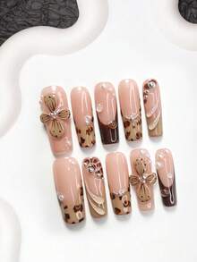 10pcs Autumn Acrylic Nail Art Set, Includes Press-On Nail Stickers, Almond-Shaped Nail Stickers, Square Nail Stickers, Duck Bill Nail Stickers, Brown Gel Nail Stickers, Leopard Print Nail Stickers, Pinched Flower Nail Decorations, Faux Pearl & Metal Bead Decorations, With Tool Kit, Suitable For Women & Girls, Daily Photography, Autumn/Winter Nail Care Nails Nail Supplies Handmade Press On Nails - Nhiều màu - Xem 4