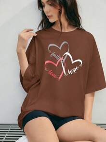 Camiseta holgada  con estampado de corazones y texto Faith Love Hope para mujer ideal para uso casual y deportivo - Marrón - Ver 1