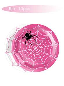 10 piezas Vajilla desechable con diseño de araña rosa de 7/9 pulgadas, bandeja redonda desechable para postres, vasos de papel, servilletas, adecuado para fiestas con temática de araña, fiestas de cumpleaños, fiestas familiares, fiestas con amigos, suministros para cenas - Multicolor - Ver 13