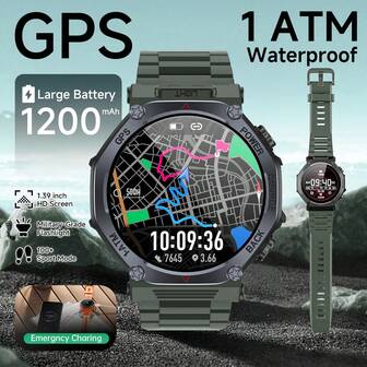 Outdoor GPS Smartwatch, 1200mAh Ultralange Akkulaufzeit, super helle Taschenlampe, 10M wasserdicht, Notfall-Aufladung, 1,39" großer Bildschirm, unterstützt Nachrichtenempfang, Anrufannahme, Musiksteuerung, Sportdatenverfolgung, Schrittzähler, geeignet für Männer und Frauen