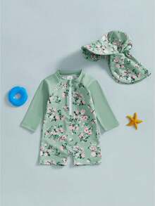 Toddler Baby Boy Girls One Piece Swimsuit Floral Long Sleeve Zipper Bathing Suit With Hat Infant Rash Guard Swimwear - 綠色 - 查看 1