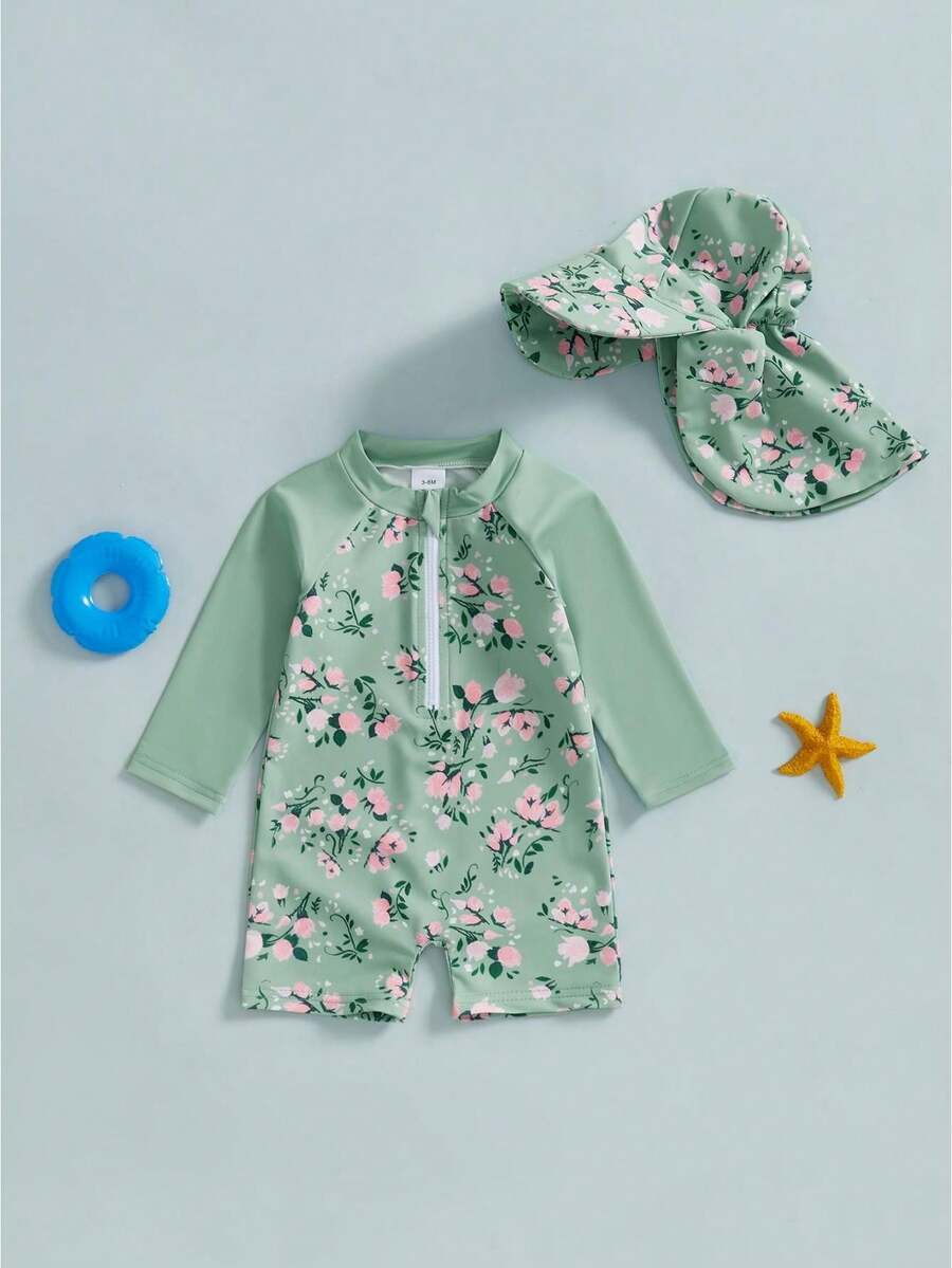 Toddler Baby Boy Girls One Piece Swimsuit Floral Long Sleeve Zipper Bathing Suit With Hat Infant Rash Guard Swimwear - 綠色 - 查看 1