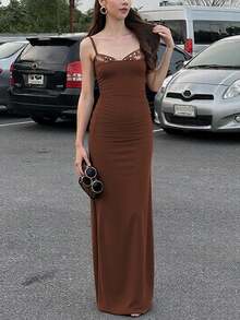 Đầm dài hai dây phối sequin màu trơn dành cho nữ, kiểu dáng gợi cảm, thanh lịch, ôm sát cơ thể, thích hợp mặc đi phố, dự tiệc tối, dạ hội. - Cà phê nâu - Xem 4