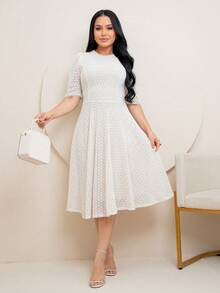 Women's Midi Dress In Knit Fabric With Lace Detail, Half Sleeves, Flared Skirt, Fitted Waist, Elegant Finish, Premium Finish. Perfect For Christmas, New Year's, And Holiday Celebrations. - 米色 - 查看 6