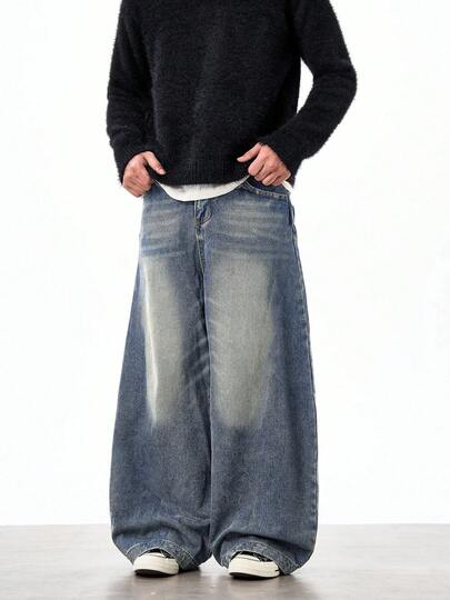 1 chiếc quần jeans ống rộng dáng suông Justice Brother phong cách vintage, thích hợp mặc thường ngày và đôi (gấu quần rách)