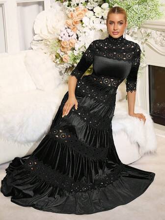 ชุดเดรสยาวผ้าสักหลาดปักลายลูกไม้สไตล์วินเทจใหม่, เดรสแฟชั่นคอสูงแขนยาวเข้ารูปจับพลีทเซ็กซี่, ชุดสำหรับผู้หญิง, งานแต่งงาน, ปาร์ตี้วันหยุด, ชุดราตรีทางการ