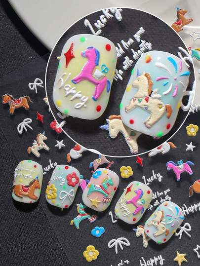 A Cute And Playful Nail Art With Embossed Texture, Featuring Colorful Wooden Horses, Unicorns, Stars, Flowers And Other Elements, Suitable For Personal DIY And Creating Sweet Fairy Tale Style Nail Art
