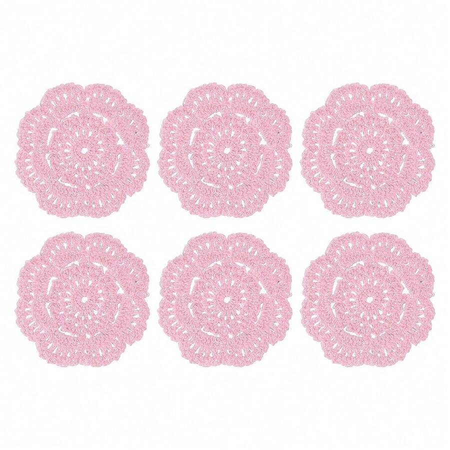 Uxcell 6Pcs Crochet Doilies Handmade Tray Doilies 4\ Round Cloth Placemats Lace Coasters For Crafts, Daily Use, Festivals, Home Decoration, Pink,Pink - Pink - View 1