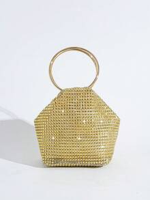 Sac à main décoré de strass, pochette de soirée de forme unique, sac à main élégant avec poignée ronde, sac pour femme de style européen et américain à la mode - Doré - Voir 4