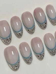 10pcs Handmade Shiny French Manicure Nail Stickers, Medium Almond Shape, Silver Glitter Design With Blue Lines, Glossy And Reusable, Acrylic Material, Suitable For Women And Girls Daily Wear, Nail Art Decor, Includes Gel Polish, Valentine's Day Gift Nails Handmade Press On Nails - Multicolor - View 3