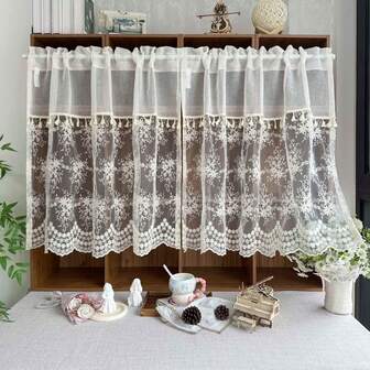 1 pieza Encaje de lana rústico crema, encaje bordado floral de patchwork, adecuado para gabinetes de cocina y ventanas pequeñas, tela de encaje para cortinas de cocina, cortinas decorativas para la sala de estar