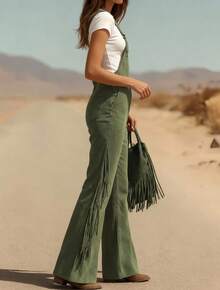 Women's Fashion Elegant Wide Leg Pants Comfortable Tassel Button Back Pants Daily Casual Fall Winter - 綠色 - 查看 3
