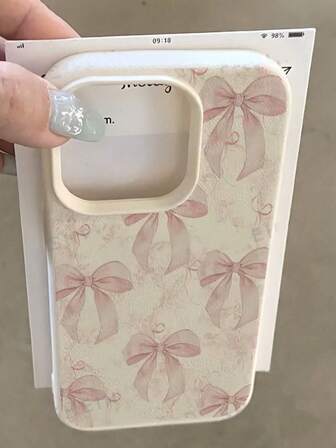 1ชิ้น เคสโทรศัพท์ดีไซน์โบว์สีชมพูเรียบง่ายลายหนังสีขาว เหมาะสำหรับ IPhone 16 Pro Max, 15, 14 Plus, 13, 12, 11