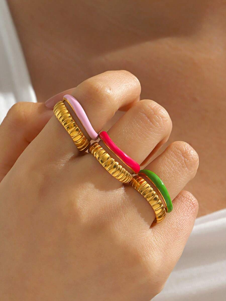 1pc Stainless Steel Fashionable Geometric Textured Ring, Suitable For Women's Daily Wear - Multicolor - View 1