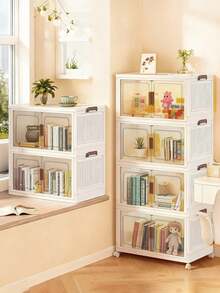 2/3/4/5layers   Storage Bins With Lids, 4PC Stackable Storage Bins With Wheels Collapsible Storage Bins, Foldable Storage Containers With Door For Home And Office Closet Organizers Storage Bins Plastic Box - White - View 3
