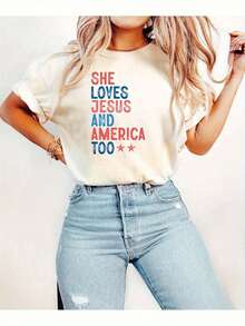 Women's T-Shirt, Vintage American Flag Design "She Loves Jesus Too", Breathable And Lightweight Short-Sleeve T-Shirt, Round Neck, Outfit For 4th Of July And Everyday Wear, Non-See-Through Material, Retro Style Shirt, Ladies' T-Shirts - 白色 - 查看 1