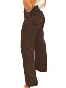 Chicsale Straight Jeans, Diagonal Pocket Loose Style Street Fashion Brand Loose Jeans, Ladies Jeans And Clothing - 咖啡色 - 查看 4