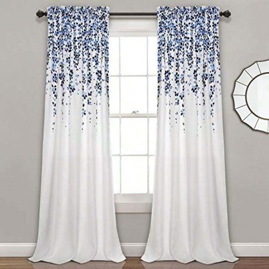 Decor - Cortina de Cenefa para Ventanas, de Flores, Azul y Gris, 95" x 52", 1(132.1An x 213.4Al cm (2 Paneles) Azul marino y azul) - Multicolor - Ver 1