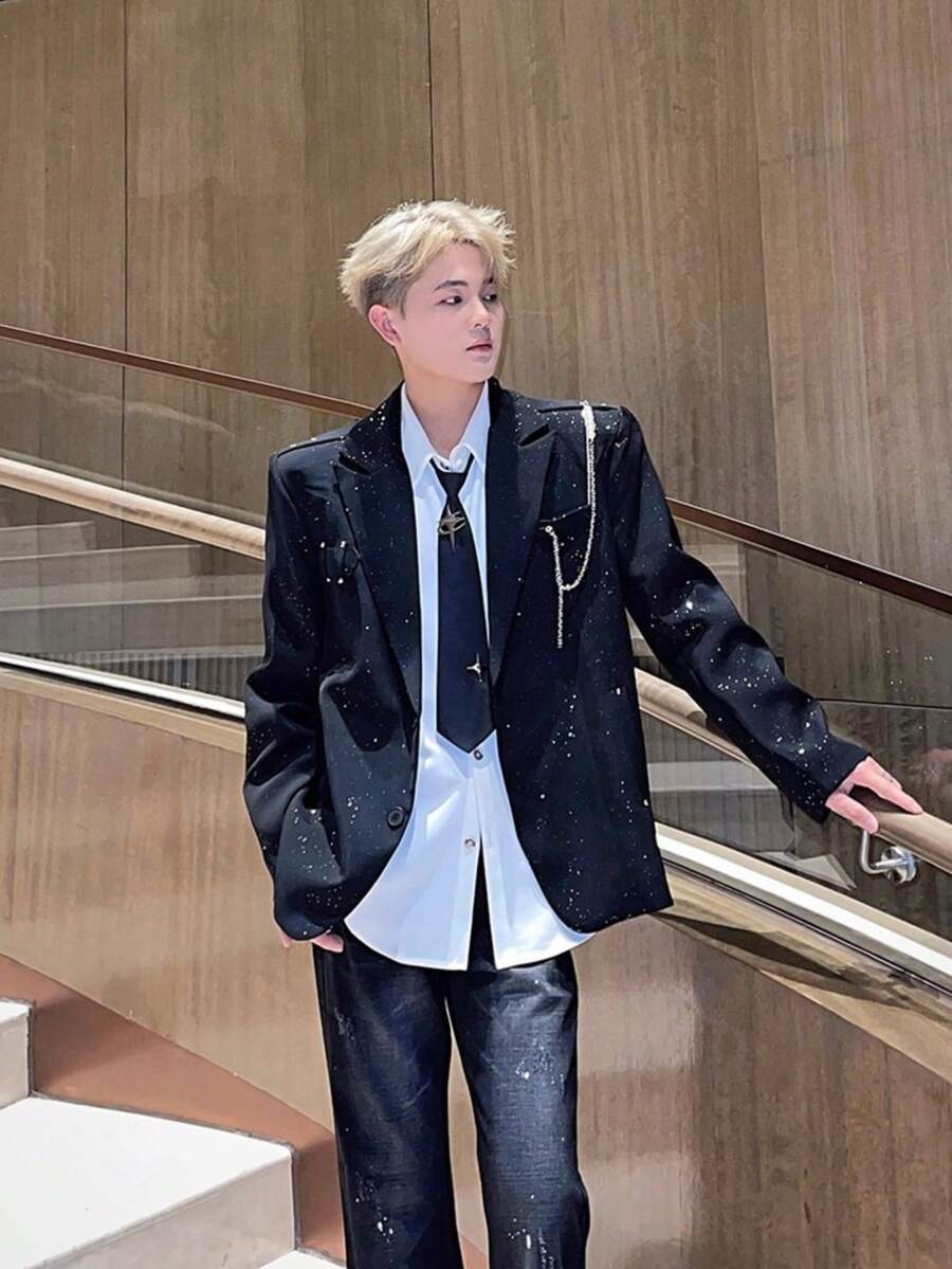 Men's Black Oversized Splatter Paint Blazer With Decorative Chain - Best Seller Streetwear Casual Formal Daily Outerwear - 黑色 - 查看 1