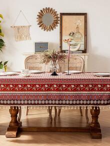 1 pièce Nappe rectangulaire bohème, motif géométrique de losanges rouges, décoration de franges beiges, lavable, nappe de table à manger, décoration de dessus de table, décoration de fête, nappe de fête, convient pour les rassemblements, les dîners, les fêtes, toutes les saisons - Rouge - Voir 21