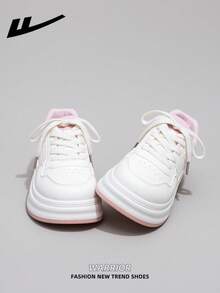 1双 WARRIOR 女士厚底系带软底休闲鞋，低帮户外平底鞋，保暖冬季通勤鞋，圆头低跟优雅软底徒步鞋，适合学生毕业照拍摄，女士低帮休闲运动鞋 - 米/粉/黃 - 查看 3