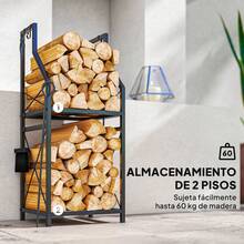 Outsunny Estante de Leña Metálico de Chimenea, Soporte para Leña de 2 Niveles, Leñero Exterior con 4 Herramientas, Ganchos y Base Elevada, para Interior y Exterior, 34x30x80 cm, Negro - Negro - Ver 5