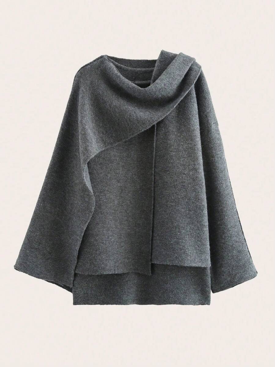 Women's Casual Grey Knitted Poncho, Autumn/Winter - Dark Grey - View 1