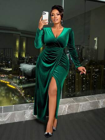 BIUBIU Women's Autumn/Winter Fashion Party Dress, V-Neck, Long Sleeve, Waist Cinched, Crossover Ruffle Hem Slit, Solid Color Velvet Mid-Length Dress