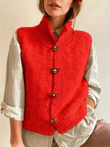Áo khoác len không tay nữ, cài khuy gỗ và cổ đứng - Áo cardigan họa tiết hình học, áo khoác ngắn thường ngày đến bán trang trọng cho mọi mùa, dáng ôm vừa vặn dễ mặc (không độn mút/không thắt lưng) - Áo khoác len cardigan nữ màu trơn thanh lịch, chất liệu vải dệt kim, thích hợp cho công sở, mùa thu/đông. - Đỏ - Xem 1