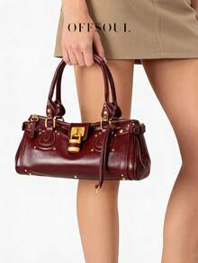 Vintage Distressed Padlock Handbag, New Millennium Baddie Sweet Cool Girl Tote Bag, Pillow Bag With Rivet Motorcycle Bag - Màu Đỏ Sâu - Xem 1
