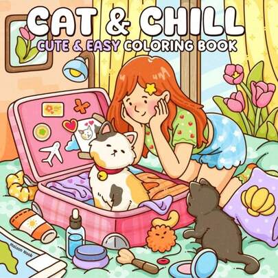 1 Book "CAT&CHILL" Cute Children's Doodle Painting Book [Adorable], Children's Doodle Painting Book Containing Various Cute Pet Patterns, Montessori Painting Toys, Creative Gift. Easy-To-Color Line Drawing Book Containing Plant Patterns, Adult Painting Book [12-Color Marker Set] Gift