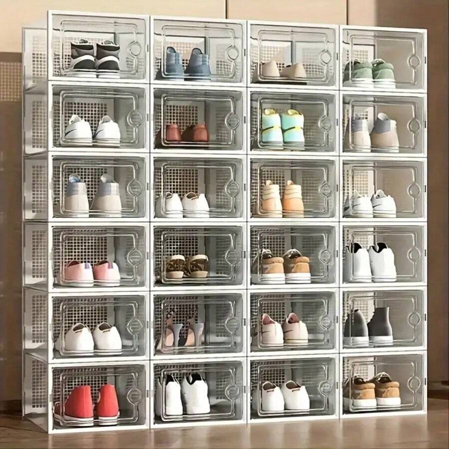 24 Pack Shoe Storage Boxes, Stackable Closet Shoe Racks, Professional-Grade Shoe Display Cabinets. Boot And Hat Storage Boxes. Dust-Proof Shoe Cabinets, Suitable For Women's/Men's Sneakers Storage Boxes, Front-Opening Large Plastic Shoe Boxes, Accommodates Sneakers, Foldable Shoe Racks With Lids - 白色 - 查看 1