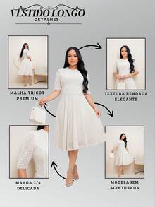 Women's Midi Dress In Knit Fabric With Lace Detail, Half Sleeves, Flared Skirt, Fitted Waist, Elegant Finish, Premium Finish. Perfect For Christmas, New Year's, And Holiday Celebrations. - 黑色 - 查看 8