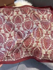 復古花卉印花正方形絲巾，女士優雅裝飾絲巾，1件酒紅色真絲絲巾，歐美流行休閒頭巾，70X70小方巾，裝飾小領巾 - 酒紅色 - 查看 2