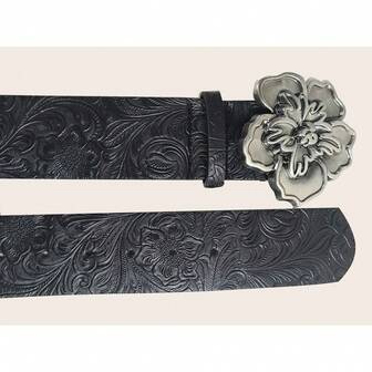 A Vintage, Elegant, Lightly Romantic-Style Ladies' Belt With A Silver 3D Flower Design On Black Leather Craftsmanship. Suitable For Pairing With Dresses, Jeans, And Other Outfits. Ideal For Daily Wear, Fashion Styles