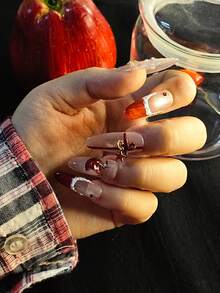 10 Pcs Handmade Press-On Nails Set – Coffin Shape | Red & Champagne Gold With 3D Apple, Bow, Wreath & Star Charms | Luxury Glossy Reusable Nail Art For Women | Elegant Valentine's Day & New Year Gift Manicure Set | Premium Nail Tips For Long-Lasting Glamour & Sophisticated Look - "Điều ước đỏ thẫm" - Xem 2